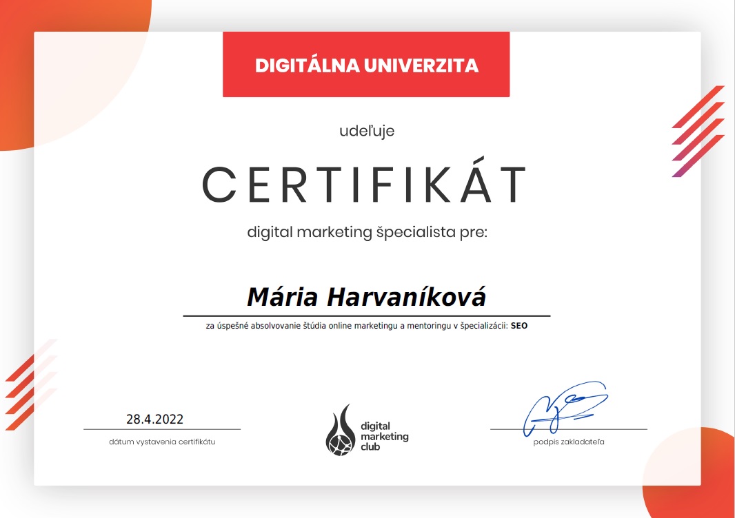 Digitálna univerzita CERTIFIKÁT - Mária Harvaníková